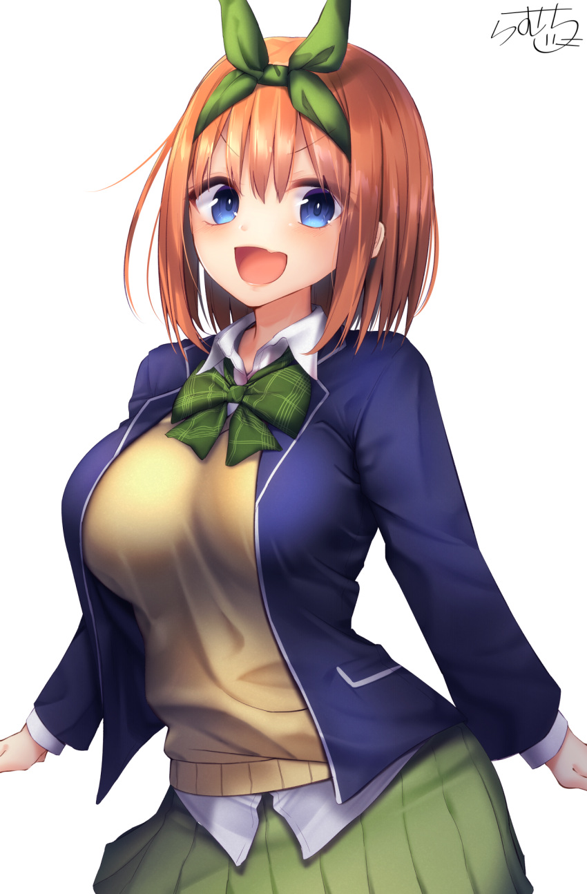 1girl :d bangs blazer blue_eyes blue_jacket blush bow breasts brown_hair collared_shirt commentary_request dress_shirt eyebrows_visible_through_hair go-toubun_no_hanayome green_bow green_ribbon green_skirt hair_between_eyes hair_ribbon highres jacket large_breasts long_hair long_sleeves looking_at_viewer nakano_yotsuba open_blazer open_clothes open_jacket open_mouth pleated_skirt ramchi ribbon school_uniform shirt signature simple_background skirt smile solo sweater_vest v-shaped_eyebrows white_background white_shirt