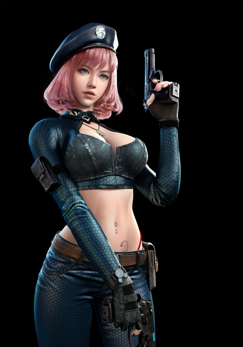 1girl 3d beret black_background breasts cleavage_cutout cowboy_shot dog_tags dual_wielding finger_on_trigger gun hat highleg highleg_panties highres holding holding_gun holding_weapon medium_breasts midriff navel navel_piercing panties panty_straps piercing pink_hair simple_background solo standing underwear watch watch weapon