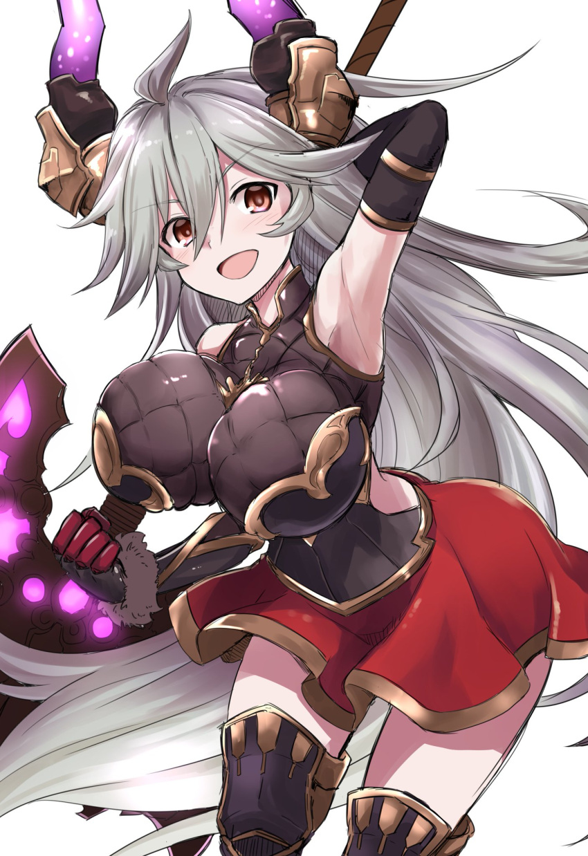 ahoge arm_up armor armored_dress armpits axe bangs battle_axe breasts clenched_hand collar draph energy granblue_fantasy grey_hair highres horns huge_breasts kokutou_nikke long_hair open_mouth orange_eyes polearm red_skirt skirt smile source_request thalatha_(granblue_fantasy) very_long_hair weapon wristband