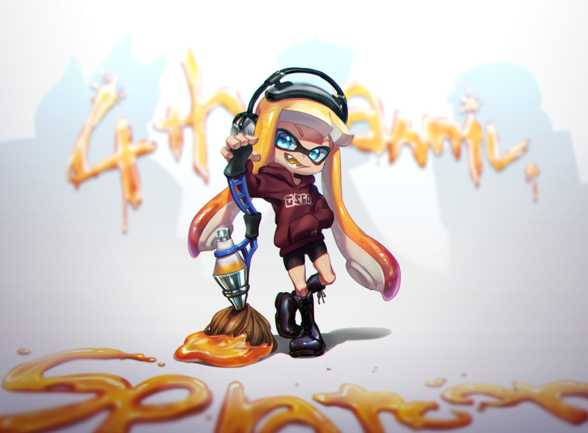 1girl anniversary blue_eyes boots brush hand_in_pocket headphones hood hoodie inkbrush_(splatoon) inkling orange_hair paint_splatter shorts splatoon_(series) tentacle_hair ukata