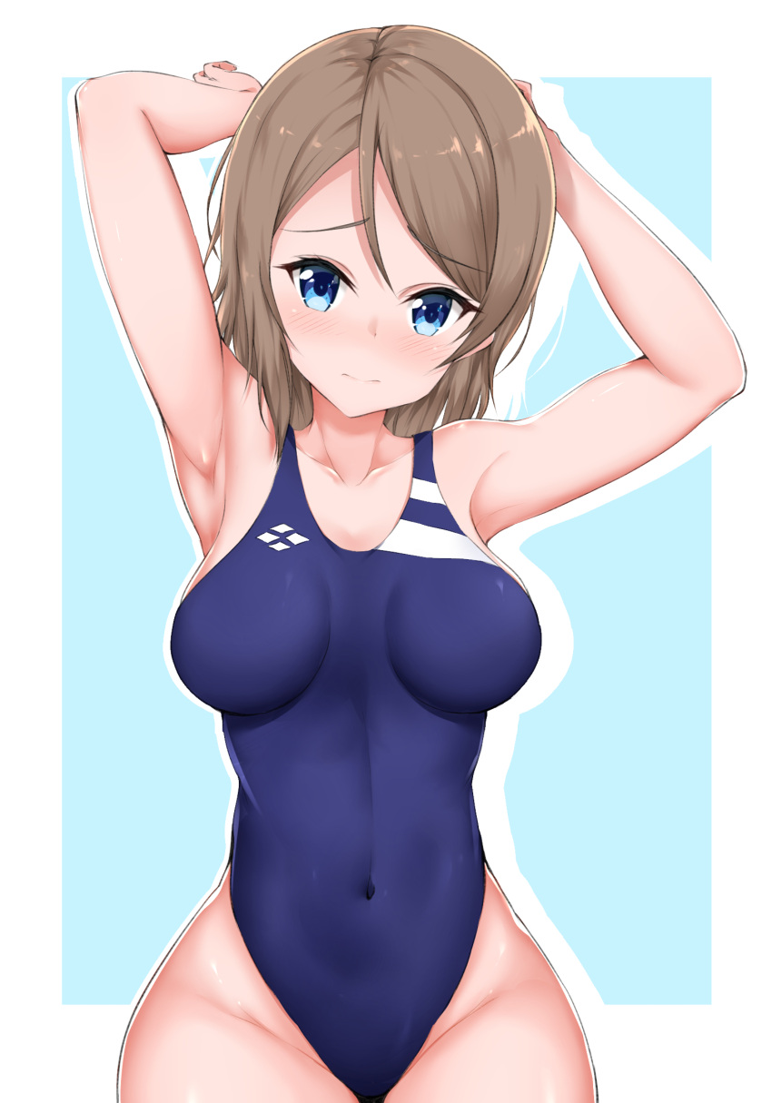 1girl armpits arms_up blue_background blue_eyes blue_swimsuit border breasts brown_hair collarbone commentary_request competition_swimsuit covered_navel cowboy_shot highres impossible_clothes impossible_swimsuit kirikan love_live! love_live!_sunshine!! medium_breasts one-piece_swimsuit one_eye_closed short_hair solo swimsuit two-tone_background watanabe_you wavy_hair white_border