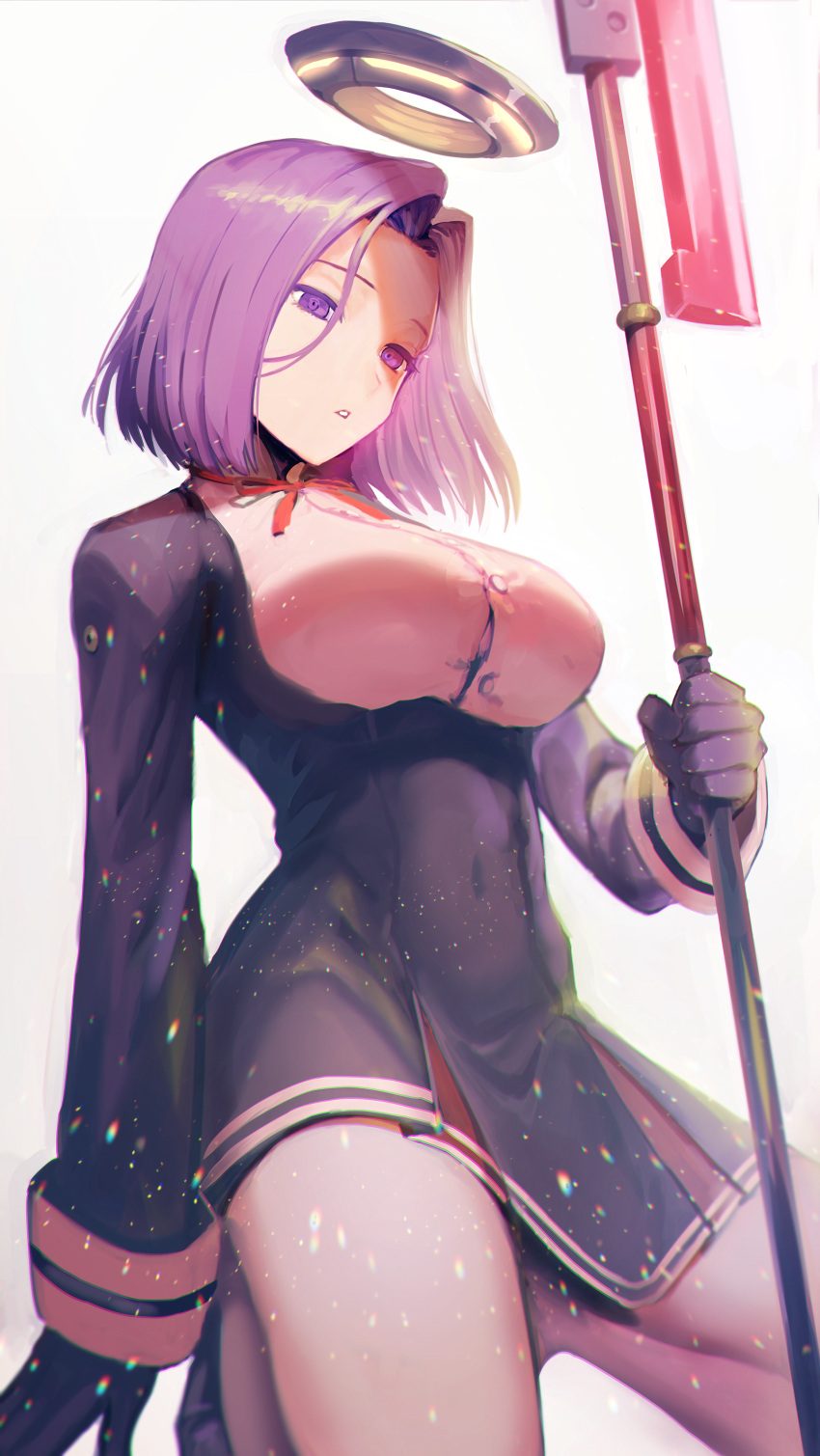 1girl :o absurdres black_gloves breasts buttons ganov glaive gloves hair_intakes headgear highres holding holding_weapon kantai_collection long_sleeves mechanical_halo navel open_mouth polearm purple_hair red_ribbon ribbon school_uniform short_hair solo tatsuta_(kantai_collection) thighs violet_eyes weapon white_background