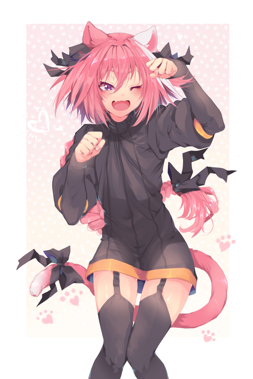1boy ;d absurdres animal_ears arm_warmers astolfo_(fate) black_legwear black_ribbon black_sweater cat_ears cat_tail clenched_hands dress fang fate/apocrypha fate/grand_order fate_(series) garter_straps gradient gradient_background hair_between_eyes hair_ribbon heart highres knees_together_feet_apart long_braid long_hair multicolored_hair one_eye_closed open_mouth otoko_no_ko outside_border paw_background paw_pose pink_background pink_hair pink_tail puffy_sleeves ribbon skin_fang smile solo srinitybeast standing streaked_hair sweater sweater_dress tail tail_ribbon thigh-highs very_long_hair violet_eyes white_background white_hair