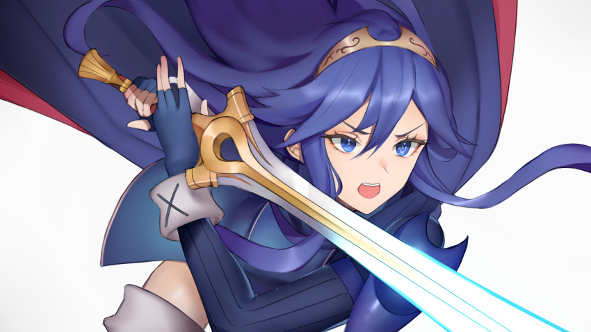 1girl absurdres alternate_costume blue_eyes blue_gloves blue_hair cape ei1han falchion_(fire_emblem) fingerless_gloves fire_emblem fire_emblem:_kakusei gloves glowing glowing_sword glowing_weapon hair_between_eyes highres holding holding_sword holding_weapon long_hair lucina open_mouth ribbed_sleeves shoulder_armor sword symbol_in_eye thighs tiara weapon wrist_cuffs