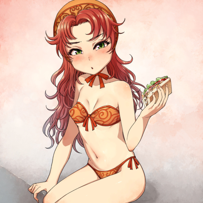 1girl bikini blush chiaki_rakutarou curly_hair dragon_quest dragon_quest_vii eyebrows_visible_through_hair food green_eyes highres holding holding_food long_hair maribel_(dq7) navel redhead sandwich side-tie_bikini simple_background sitting sitting_on_lap sitting_on_person solo swimsuit