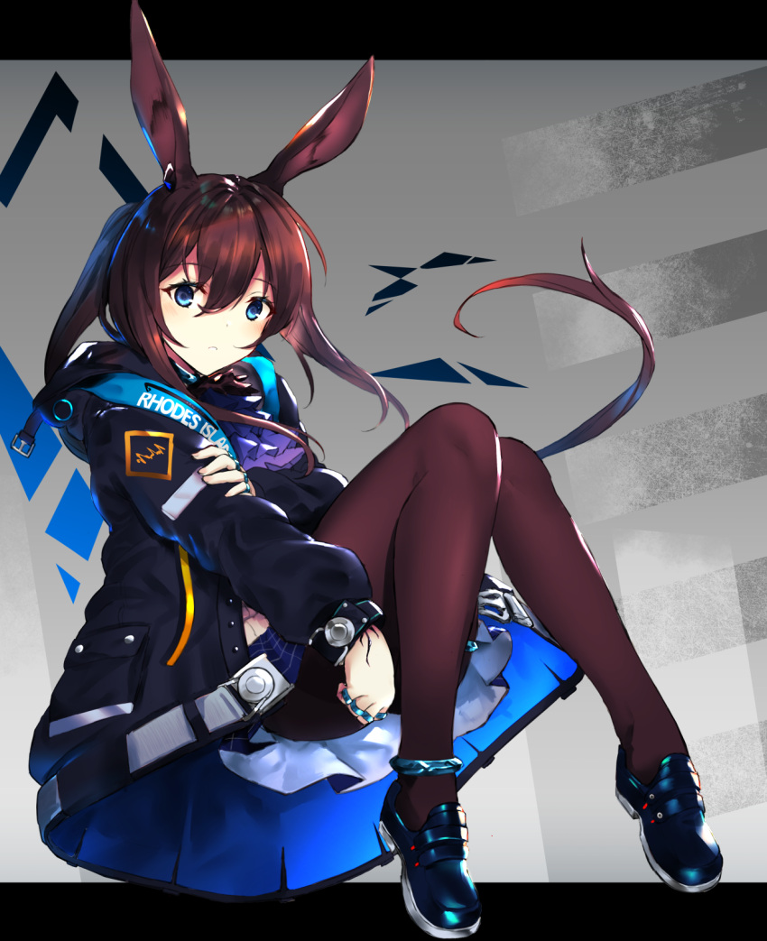1girl amiya_(arknights) animal_ears arknights ass bangs black_legwear blue_eyes blue_jacket blush brown_hair chamnaitu commentary frills full_body grey_background hair_between_eyes highres hood hood_down hooded_jacket jacket jewelry long_hair looking_at_viewer miniskirt open_clothes open_jacket pantyhose parted_lips pleated_skirt pocket rabbit_ears ring sidelocks sitting skirt solo