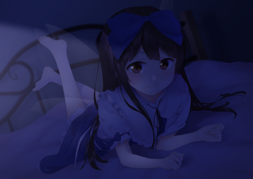 1girl arm_support barefoot bed bed_frame black_hair blue_dress bow brown_eyes capelet commentary_request dark_room dress dutch_angle fairy_wings hair_bow highres indoors kanpa_(campagne_9) leg_lift light_smile long_hair looking_at_viewer lying night on_bed on_stomach petticoat puffy_short_sleeves puffy_sleeves short_sleeves solo star_sapphire the_pose touhou underwear very_long_hair white_capelet wings
