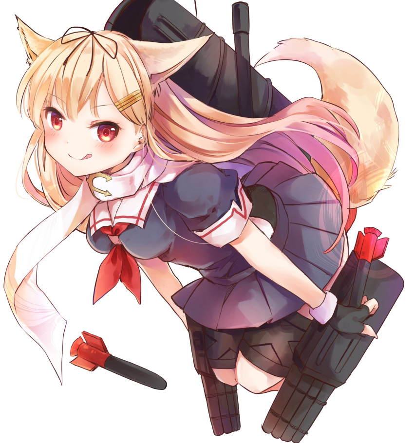 1girl animal_ears bangs black_gloves black_ribbon black_serafuku blonde_hair blush breasts commentary dog_ears dog_tail eyebrows_visible_through_hair fingerless_gloves gloves gradient_hair hair_ornament hair_ribbon hairclip highres holding holding_torpedo kantai_collection long_hair multicolored_hair pleated_skirt red_eyes red_neckwear remodel_(kantai_collection) ribbon rigging sailor_collar scarf school_uniform serafuku short_sleeves simple_background skirt smile solo tail tongue tongue_out torpedo torpedo_tubes white_background white_scarf yuudachi_(kantai_collection) yuuki_susumu