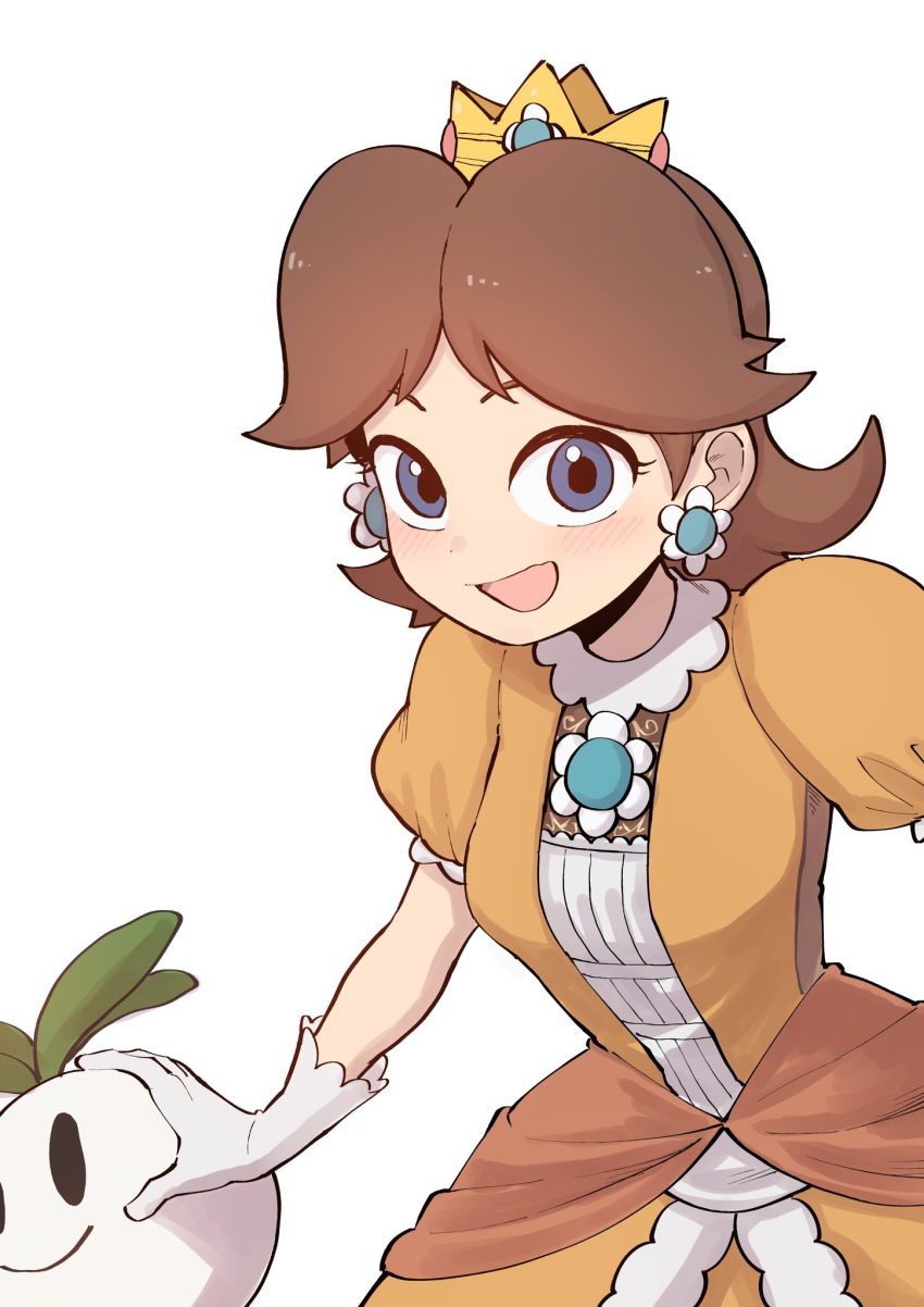 1girl :d blue_eyes blush breasts brooch brown_hair commentary crown dot_nose dress earrings flipped_hair flower flower_earrings gem highres holding jewelry looking_at_viewer super_mario_bros. medium_breasts open_mouth orange_dress princess princess_daisy puffy_short_sleeves puffy_sleeves shiromanta short_hair short_sleeves simple_background smile solo super_mario_bros. turnip white_background