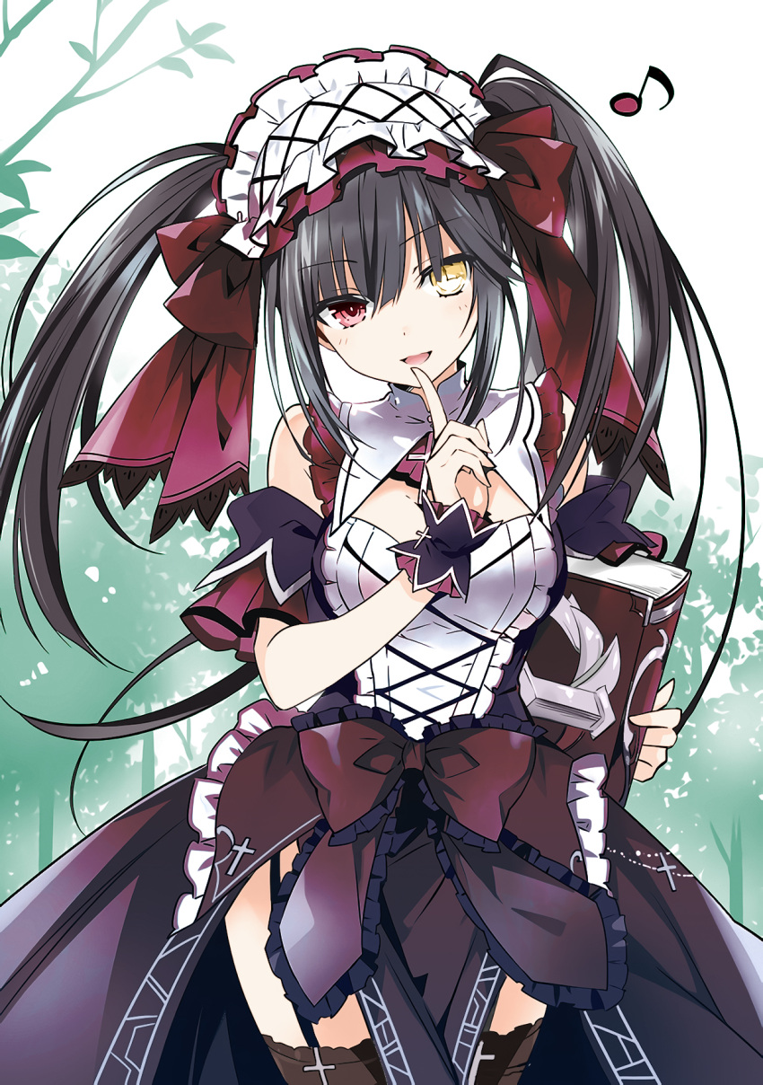 1girl :d asymmetrical_hair black_hair book breasts clock_eyes colorized cowboy_shot date_a_live detached_collar detached_sleeves floating_hair garter_straps hairband head_tilt heterochromia highres holding index_finger_raised lolita_hairband long_hair looking_at_viewer medium_breasts musical_note novel_illustration open_mouth red_eyes short_sleeves smile solo standing symbol-shaped_pupils thigh-highs tokisaki_kurumi tsunako twintails very_long_hair wrist_cuffs yellow_eyes