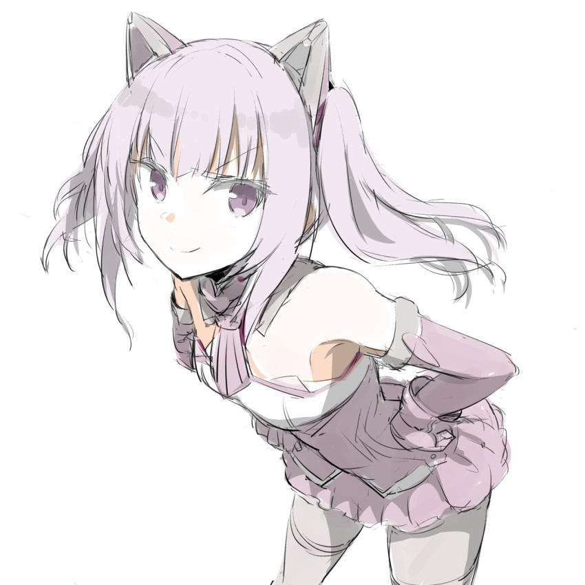 1girl alice_gear_aegis animal_ears bare_shoulders breasts elbow_gloves gloves gochou_(atemonai_heya) hands_on_hips highres ichijou_ayaka leaning_forward looking_at_viewer mechanical_ears purple_hair simple_background small_breasts smile smug solo thigh-highs twintails violet_eyes white_background