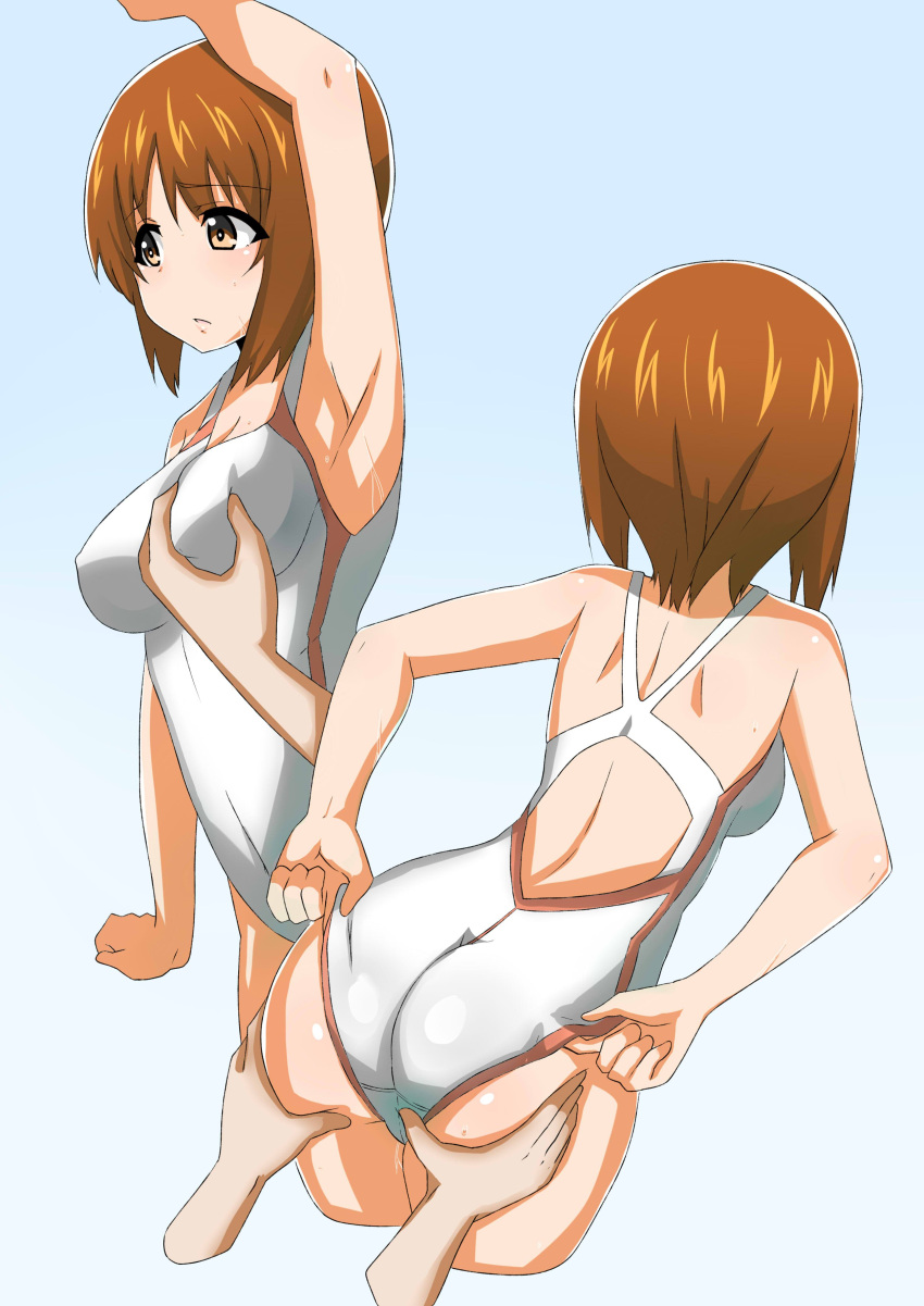 1girl absurdres adjusting_clothes adjusting_swimsuit arm_up armpits aster90 blue_background blush breasts brown_eyes brown_hair commentary_request girls_und_panzer groping highres medium_breasts multiple_views nishizumi_miho one-piece_swimsuit short_hair sweat swimsuit