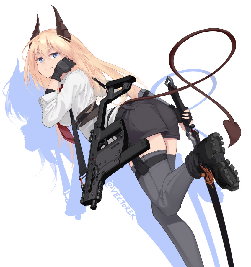 1girl absurdres blonde_hair blue_eyes boots commentary demon_tail drop_shadow english_commentary fingerless_gloves gloves gun highres holding holding_sword holding_weapon horns kriss_vector long_hair original short_shorts shorts skindentation solo submachine_gun sword tail thigh-highs vectorek weapon white_background