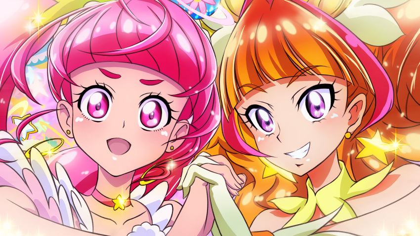 2girls :d absurdres amanogawa_kirara bangs blunt_bangs blush brown_hair choker commentary_request cure_star cure_twinkle earrings gensou_(mopoepei) gloves go!_princess_precure grin highres holding_hands hoshina_hikaru jewelry long_hair looking_at_viewer magical_girl multicolored_hair multiple_girls open_mouth partial_commentary pink_eyes pink_hair pink_neckwear precure pun redhead shiny shiny_hair smile star star_choker star_earrings star_twinkle_precure streaked_hair two-tone_hair upper_body violet_eyes yellow_gloves