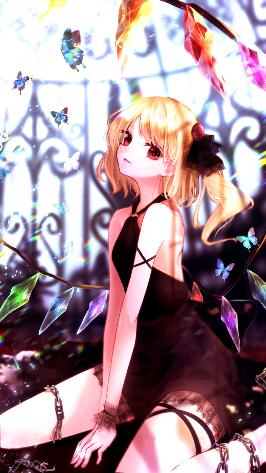 1girl absurdres alternate_costume bangs bare_arms bare_shoulders black_dress black_ribbon blonde_hair bug butterfly chain chikawa_shibainu commentary_request crystal dress feet_out_of_frame flandre_scarlet hair_ribbon halter_dress halterneck head_tilt highres insect long_hair looking_at_viewer no_hat no_headwear o-ring one_side_up parted_lips red_eyes ribbon sitting smile solo thighs touhou v_arms wariza wings wrist_cuffs