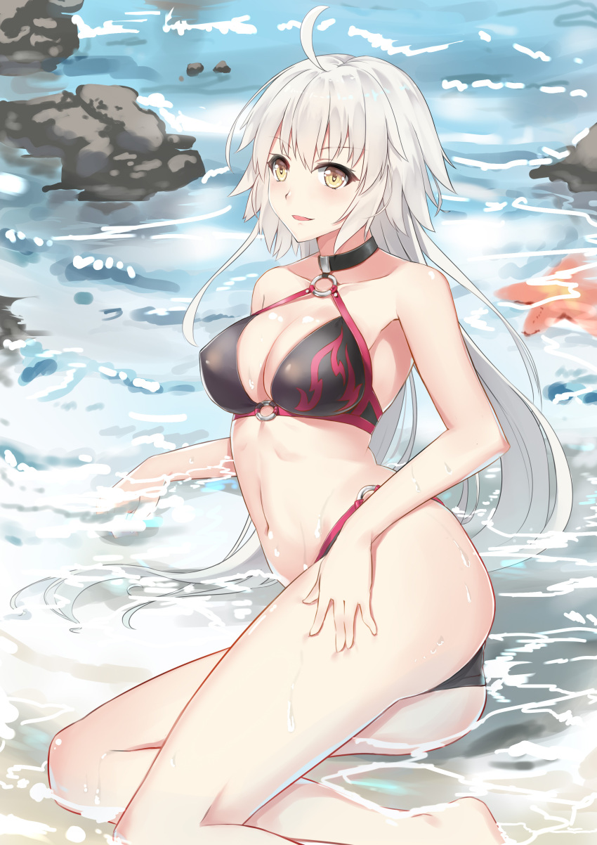 1girl absurdres ahoge bikini black_bikini blush breasts brown_eyes choker commentary_request fate/grand_order fate_(series) grey_hair highres jeanne_d'arc_(alter_swimsuit_berserker) jeanne_d'arc_(fate)_(all) large_breasts long_hair looking_at_viewer looking_to_the_side lying navel o-ring o-ring_bikini on_side smile solo swimsuit very_long_hair water xiao_bing_qiaokeli