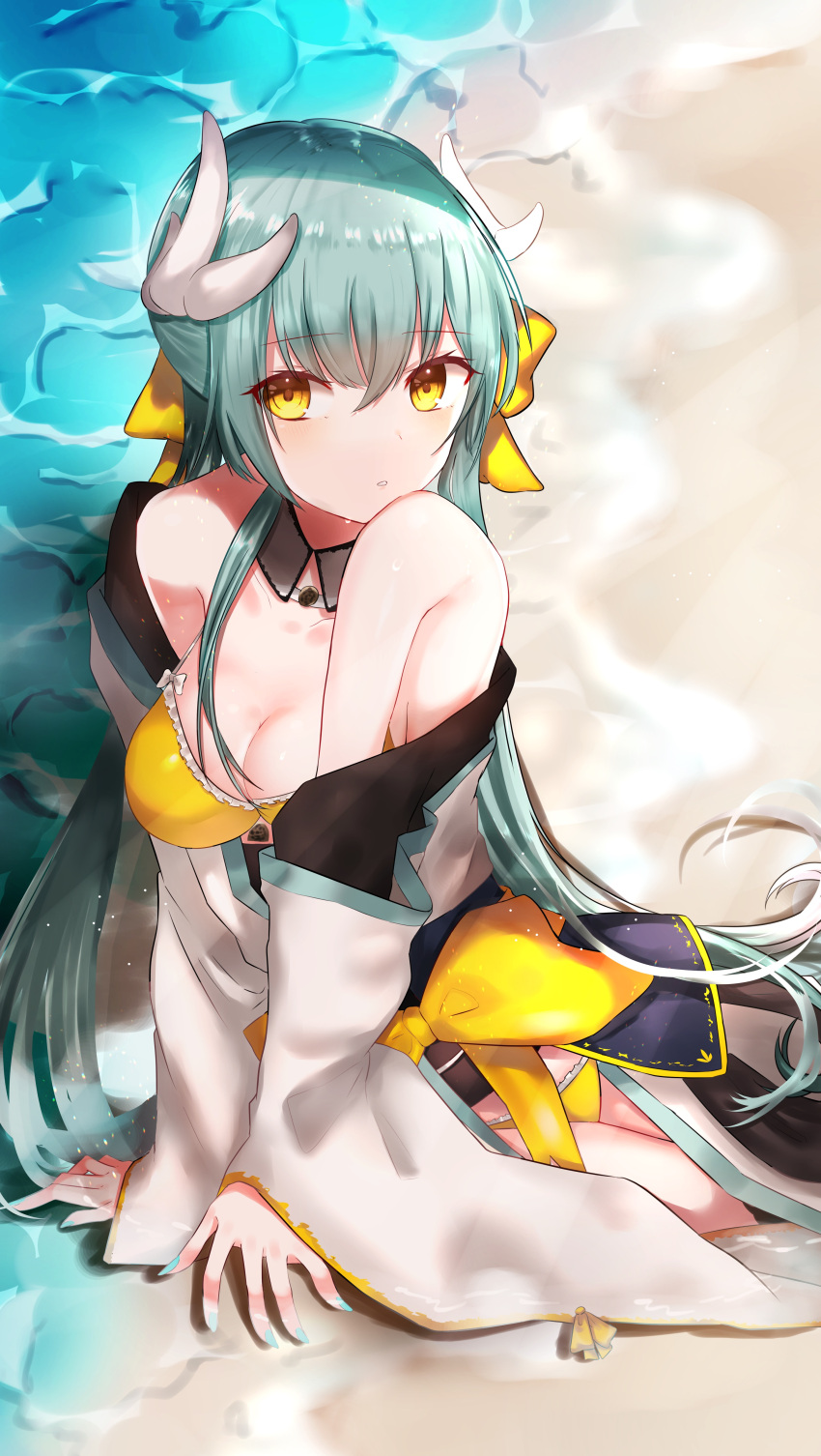 1girl absurdres bare_shoulders bikini blush bow breasts commentary_request detached_collar fate/grand_order fate_(series) green_hair hair_between_eyes hair_bow highres horns kiyohime_(fate/grand_order) kiyohime_(swimsuit_lancer)_(fate) large_breasts long_hair looking_at_viewer nagisha-doru obi off_shoulder sand sash solo swimsuit very_long_hair water wet yellow_bikini yellow_bow yellow_eyes