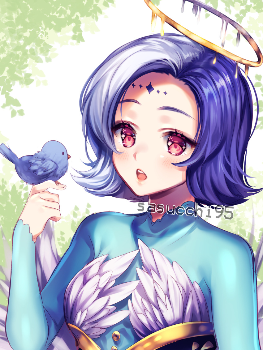 1girl animal artist_name bird blue_hair blush commission eyebrows_visible_through_hair halo highres holding holding_animal long_sleeves looking_at_viewer original parted_lips pink_eyes sasucchi95 short_hair sleeves_past_wrists solo upper_body watermark