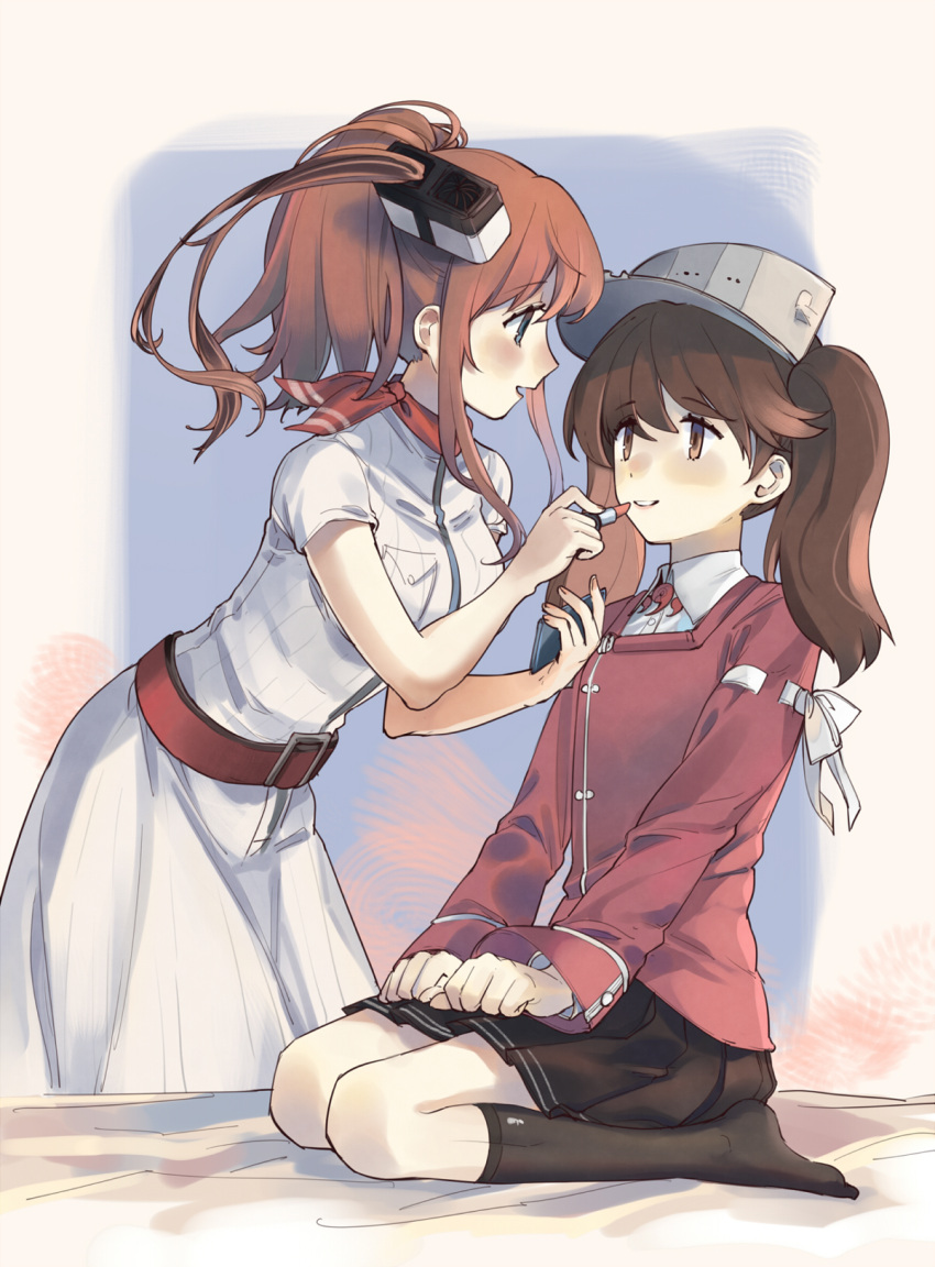 2girls applying_makeup belt black_legwear black_skirt blue_eyes blush breast_pocket breasts brown_eyes brown_hair closed_mouth commentary cosmetics dress eyebrows_visible_through_hair flat_chest from_side hair_between_eyes hair_ornament hands_on_lap highres holding_lipstick_tube japanese_clothes kantai_collection kariginu kneehighs lipstick lipstick_tube long_sleeves makeup medium_breasts multiple_girls neckerchief open_mouth pleated_skirt pocket ponytail red_belt red_lipstick_tube red_neckwear ryuujou_(kantai_collection) saratoga_(kantai_collection) seiza shirt short_sleeves side_ponytail sidelocks sitting skirt smile smokestack twintails visor_cap white_dress white_shirt yorktown_cv-5
