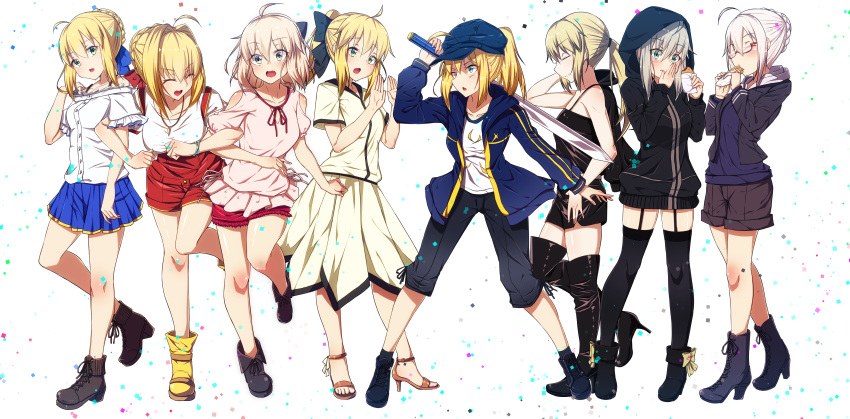 6+girls :d :o ^_^ absurdres ahoge ankle_boots artoria_pendragon_(all) black_footwear black_hoodie black_shorts blonde_hair blue_jacket blue_ribbon blue_skirt boots bow braid casual closed_eyes commentary_request confetti cross-laced_footwear crown_braid eating eyebrows_visible_through_hair fate/extra fate/grand_order fate/stay_night fate/unlimited_codes fate_(series) food frilled_sleeves frills garter_straps glasses gray_(lord_el-melloi_ii) green_eyes hair_ribbon hat high_heel_boots high_heels highres hood hood_down hood_up hooded_jacket hoodie huge_filesize jacket kawaruhi koha-ace lace-up_boots locked_arms lord_el-melloi_ii_case_files multiple_girls multiple_persona mysterious_heroine_x mysterious_heroine_x_(alter) nero_claudius_(fate) nero_claudius_(fate)_(all) okita_souji_(fate) okita_souji_(fate)_(all) open_mouth pleated_skirt ponytail red_shorts ribbon saber saber_alter saber_lily shirt short_sleeves shorts silver_hair simple_background skirt smile suspender_shorts suspenders sword taiyaki thigh-highs thigh_boots wagashi weapon white_background white_shirt yellow_bow