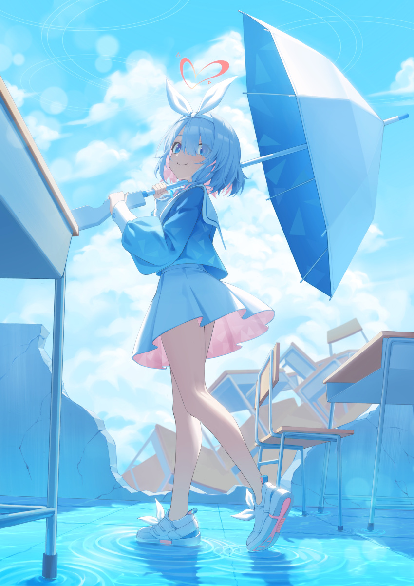1girl absurdres arona_(blue_archive) blue_archive blue_eyes blue_hair chair closed_mouth colored_inner_hair desk gaoqiaoyuyin_takahashi hair_over_one_eye halo highres holding holding_umbrella long_sleeves multicolored_hair pink_hair pleated_skirt red_halo school_chair school_desk shoes short_hair skirt smile solo umbrella white_footwear white_skirt