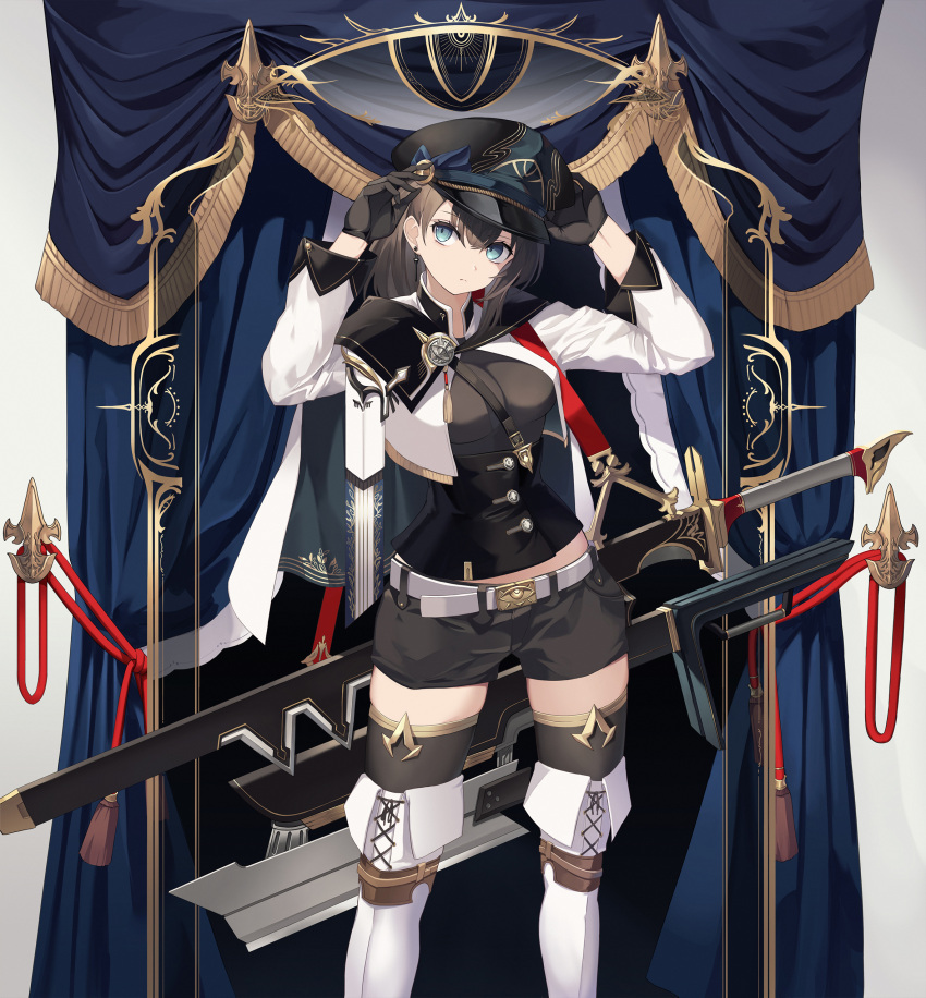 1girl absurdres adjusting_headwear arms_up belt black_gloves black_headwear black_legwear blue_eyes boots breasts brown_hair closed_mouth earrings eruthika expressionless eyebrows_visible_through_hair fantasy gloves hat highres jewelry long_hair long_sleeves looking_at_viewer medium_breasts original shorts solo sword thigh-highs thigh_boots thighhighs_under_boots weapon white_footwear zettai_ryouiki