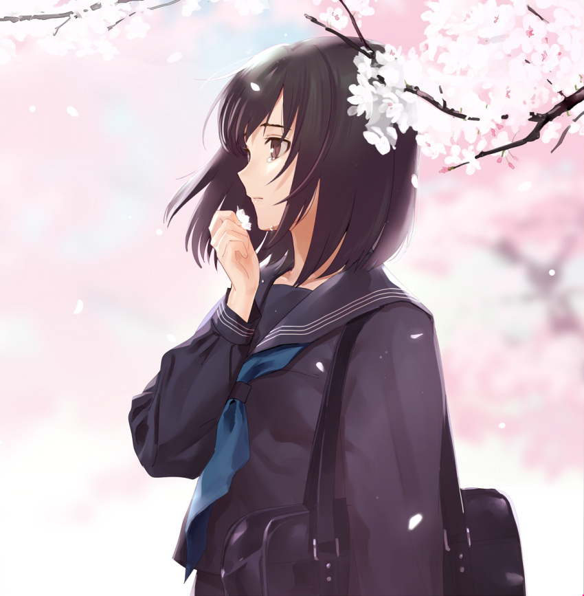 1girl bag bangs black_hair black_sailor_collar black_serafuku blue_neckwear blurry blurry_background brown_eyes cherry_blossoms closed_mouth commentary crying crying_with_eyes_open depth_of_field flower from_side hand_up highres holding holding_flower long_sleeves looking_away medium_hair neckerchief original outdoors petals sailor_collar school_bag school_uniform serafuku shoulder_bag solo tears tree upper_body urata_asao wind