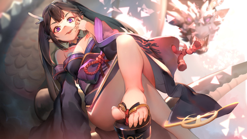 1girl bangs bare_shoulders black_hair blurry blurry_background crossed_legs detached_collar detached_sleeves dragon dragon_horns fangs feet highres horns japanese_clothes kamisakai kimono obi open_mouth original pointy_ears sash sitting slit_pupils solo strapless twintails violet_eyes