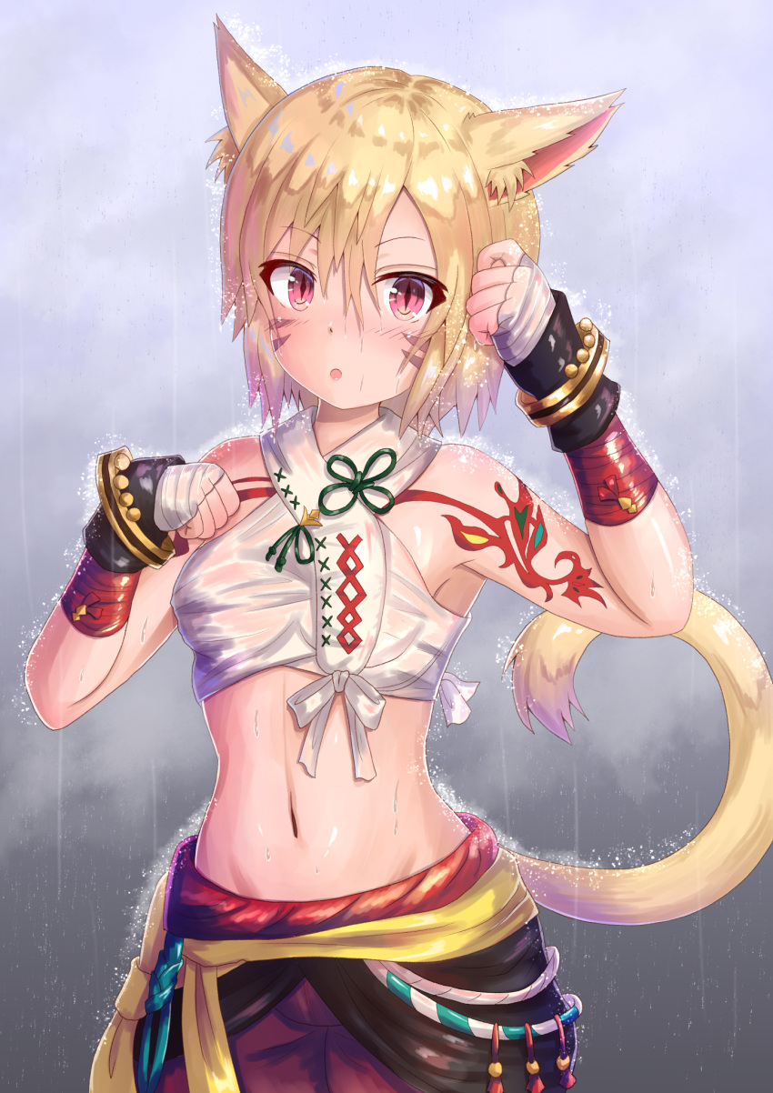 1girl :o animal_ear_fluff animal_ears armpits bandaged_hands bandages bangs bare_shoulders blonde_hair blush bracelet cat_ears cat_tail cocoasabure commentary_request crop_top facial_mark final_fantasy final_fantasy_xiv hair_between_eyes hands_up highres jewelry looking_at_viewer midriff miqo'te monk_(final_fantasy) navel parted_lips rain red_eyes red_shorts short_hair shorts sleeveless slit_pupils solo standing stomach tail tattoo upper_body water wet