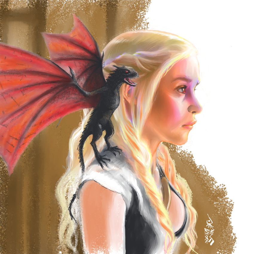 1girl a_song_of_ice_and_fire blonde_hair breasts collar daenerys_targaryen dragon drogon game_of_thrones highres lips long_hair non-anime_related roux