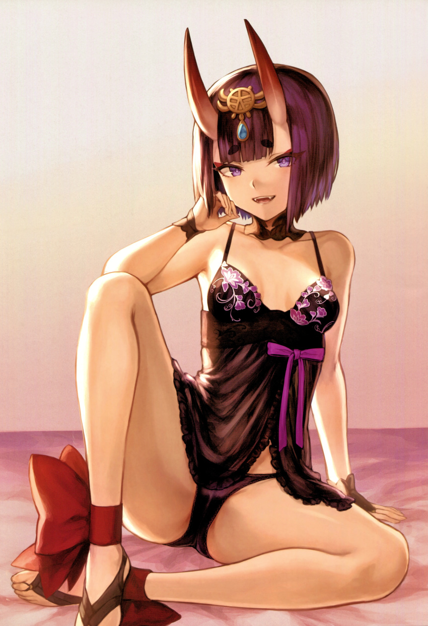 1girl :d absurdres ankle_ribbon arm_at_side arm_support bangs bare_shoulders barefoot barefoot_sandals blunt_bangs bow breasts bridal_gauntlets chemise circlet collarbone detached_collar eyebrows_visible_through_hair eyeliner fangs fate/grand_order fate_(series) floral_print gradient gradient_background hair_ornament hand_up headpiece highres hikimayu horns lingerie looking_at_viewer looking_to_the_side makeup mashu_003 navel oni_horns open_mouth panties purple_hair purple_panties ribbon scan see-through short_eyebrows short_hair shuten_douji_(fate/grand_order) simple_background sitting small_breasts smile solo spread_legs toes underwear underwear_only violet_eyes