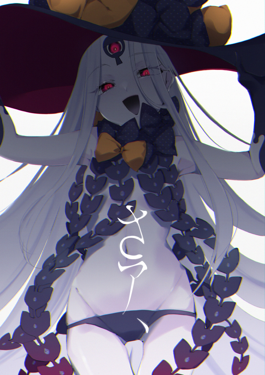 1girl abigail_williams_(fate/grand_order) absurdres bangs black_bow black_gloves bow commentary_request elbow_gloves evil_smile fate/grand_order fate_(series) gloves grey_hair grey_skin hat hat_bow highres huge_filesize ka_(mauve_p) keyhole long_hair looking_at_viewer lowleg lowleg_panties navel open_mouth orange_bow panties polka_dot polka_dot_bow print_bow red_eyes revealing_clothes skull_print smile solo third_eye underwear very_long_hair witch_hat