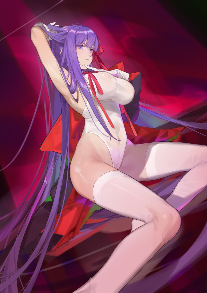 1girl arm_up armpits bb_(fate)_(all) bb_(swimsuit_mooncancer)_(fate) coat fate/grand_order fate_(series) gloves groin hair_ribbon highres leotard long_hair parted_lips purple_hair red_background red_cucumber ribbon sitting solo thigh-highs very_long_hair violet_eyes white_gloves white_legwear