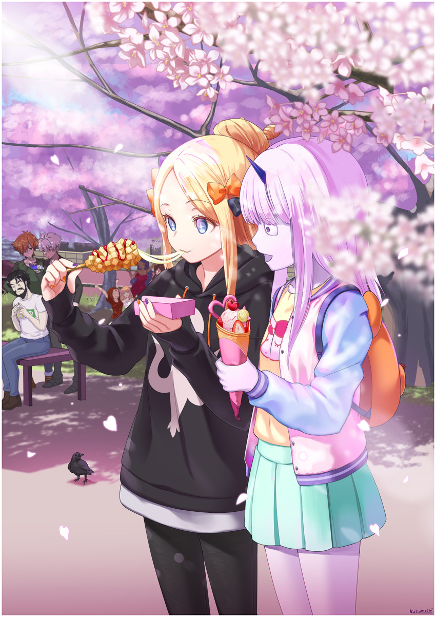 3girls 4boys :3 abigail_williams_(fate/grand_order) backpack bag bangs bird black_bow black_footwear black_hair black_hoodie black_legwear blonde_hair blue_eyes blue_nails bow cherry_blossoms commentary_request crow denim eating eyebrows_visible_through_hair facial_hair fate/grand_order fate_(series) food green_skirt hair_bow hair_bun highres holding holding_food hood hoodie horn jacket jeans kuzumochi_(kuzumochiya) lavinia_whateley_(fate/grand_order) long_hair long_sleeves multicolored multicolored_nails multiple_boys multiple_girls open_mouth orange_bow orange_hair orange_nails outdoors pale_skin pants parted_bangs polka_dot polka_dot_bow red_shirt shirt short_hair skirt sleeves_past_wrists star star-shaped_pupils symbol-shaped_pupils tree white_hair white_jacket white_shirt yellow_nails yellow_shirt