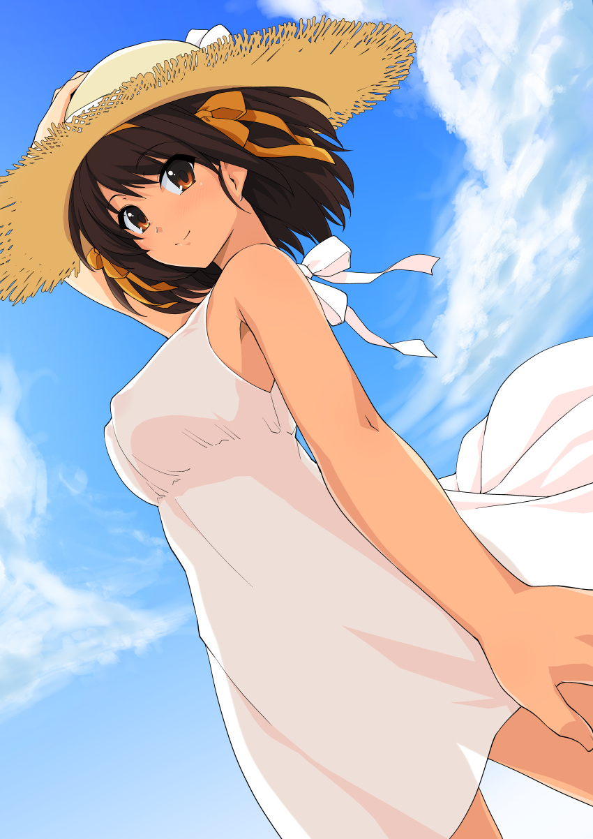 1girl absurdres arm_up bare_arms bare_shoulders blue_sky breasts brown_eyes brown_hair clouds cloudy_sky covered_nipples cowboy_shot day dress hair_ribbon hairband hand_on_own_head haruhisky hat highres looking_at_viewer medium_breasts outdoors paid_reward patreon_reward ribbon simple_background sky sleeveless sleeveless_dress smile solo straw_hat sun_hat sundress suzumiya_haruhi suzumiya_haruhi_no_yuuutsu white_dress