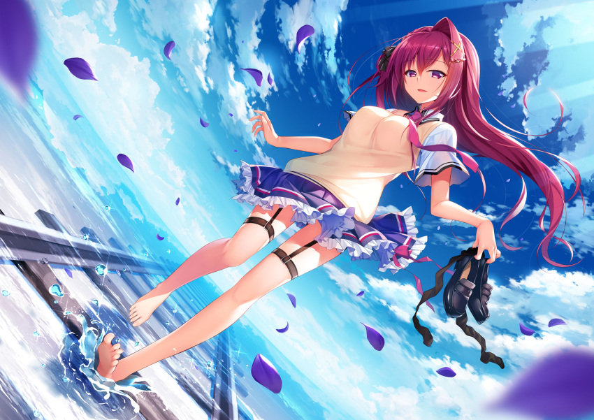 1girl ahoge barefoot black_footwear blue_skirt blue_sky clouds collared_shirt day dutch_angle eyebrows_visible_through_hair floating_hair frilled_skirt frills full_body garter_straps hair_between_eyes hair_intakes highres holding holding_shoes loafers long_hair looking_at_viewer miniskirt nanaka_mai ocean outdoors petals pleated_skirt purple_hair railroad_tracks roke_rabu_location_love_densha_x_doukyuusei school_uniform shiny shiny_hair shirt shoes shoes_removed short_sleeves skirt skirt_lift sky soles solo sweater sweater_vest thigh_strap very_long_hair violet_eyes white_shirt wind wind_lift wing_collar yellow_sweater