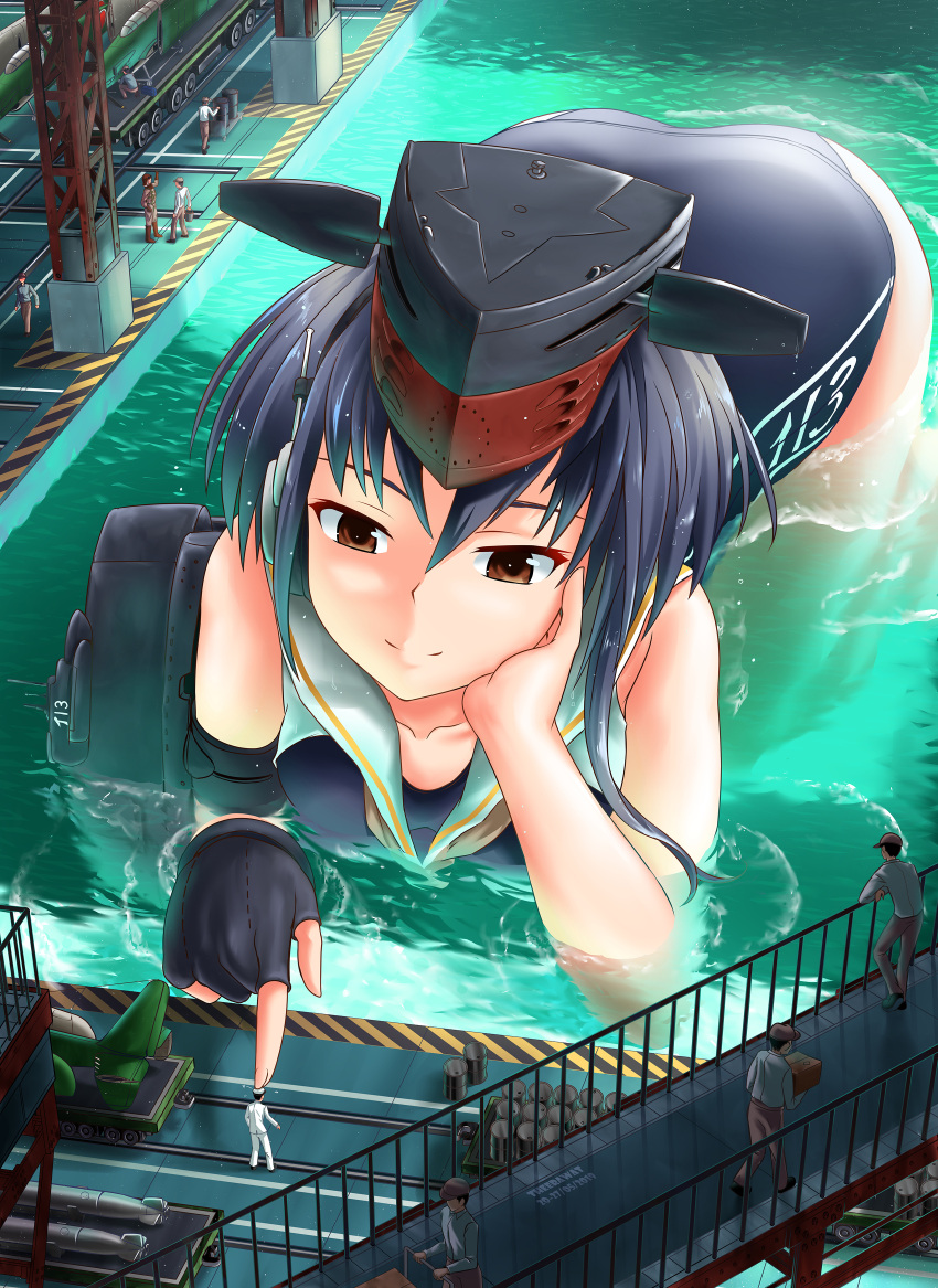 1girl 6+boys absurdres admiral_(kantai_collection) aircraft ass bare_arms black_gloves blue_hair blue_swimsuit box breasts brown_eyes cart collarbone dock fingerless_gloves giantess gloves hand_on_own_cheek hat highres i-13_(kantai_collection) kantai_collection looking_at_another medium_breasts multiple_boys new_school_swimsuit partially_submerged petting school_swimsuit short_hair single_glove size_difference smile solo_focus swimsuit theerawat torpedo wet