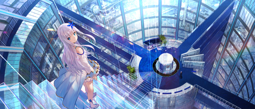 1boy 1girl architecture bare_legs bare_shoulders blue_eyes blue_skirt bra_strap character_request commentary_request day fantasy frilled_skirt frills from_above fuji_choko indoors kenja_no_deshi_wo_nanoru_kenja long_hair long_sleeves looking_at_viewer looking_back miniskirt off-shoulder_shirt off_shoulder shirt shoes skirt smile solo_focus stairs standing thighs transparent white_footwear white_hair white_shirt wide_shot