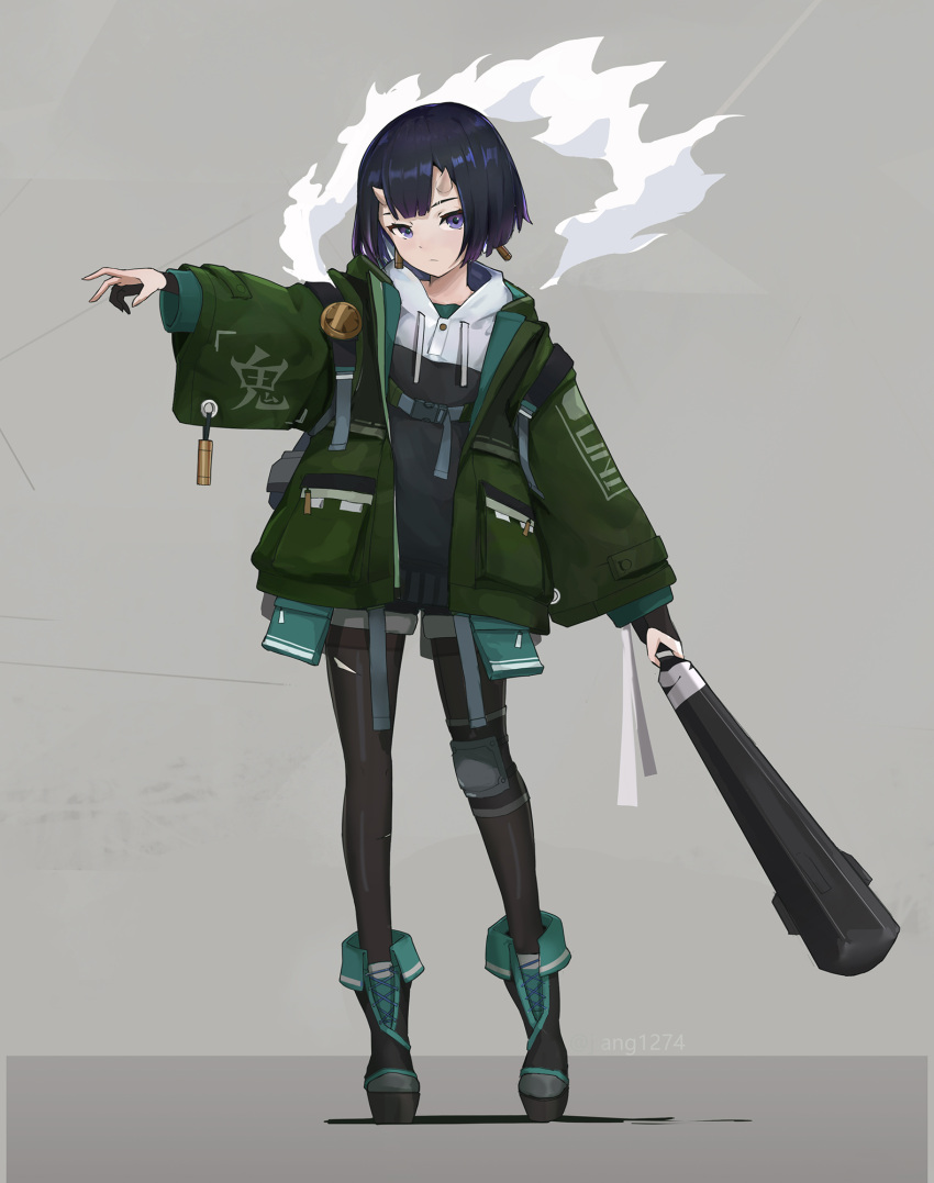 1girl :/ backpack bag bangs black_gloves black_legwear blunt_bangs boots clothes_writing club commentary cross-laced_footwear drawstring earrings frown full_body gloves green_jacket grey_background half_gloves highres holding_club hood hood_down hoodie horns jacket jewelry jiang1274 knee_pads legwear_under_shorts oni oni_horns original outstretched_arm pantyhose purple_hair short_hair short_shorts shorts simple_background single_knee_pad solo violet_eyes weapon