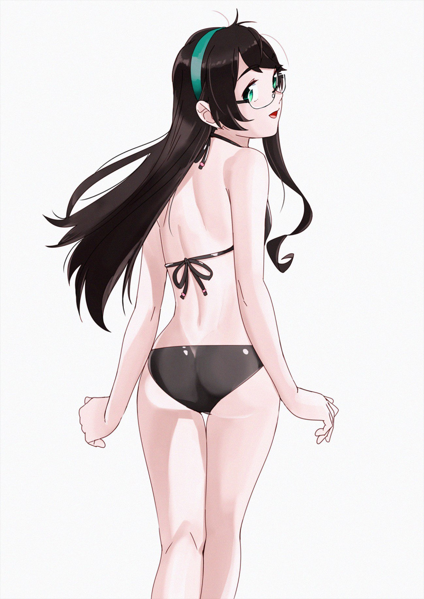 1girl alternate_costume ass back bangs bare_shoulders bikini black_hair breasts commentary_request eyebrows_visible_through_hair from_behind glasses green_eyes hair_between_eyes hairband halter_top halterneck highres kantai_collection long_hair looking_at_viewer looking_back ojipon ooyodo_(kantai_collection) semi-rimless_eyewear side-tie_bikini simple_background small_breasts smile solo standing swimsuit thighs under-rim_eyewear white_background