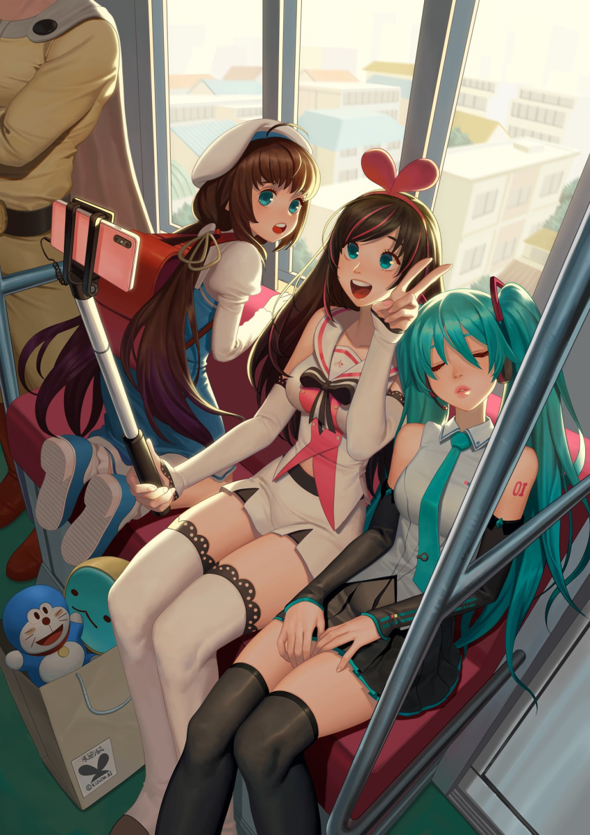 1boy 3girls a.i._channel ahoge aqua_hair bangs bare_shoulders black_legwear black_skirt blue_dress blue_eyes brown_hair cameo cellphone character_doll closed_eyes collarbone crossover detached_sleeves doraemon doraemon_(character) dress hairband hat hatsune_miku highres hinatsuru_ai hongcasso juliet_sleeves kizuna_ai lips long_hair long_sleeves looking_at_viewer multiple_crossover multiple_girls nail_polish necktie one-punch_man open_mouth parted_lips phone pink_nails puffy_sleeves ryuuou_no_oshigoto! saitama_(one-punch_man) self_shot selfie_stick shorts skirt smartphone stuffed_toy teeth thigh-highs twintails v virtual_youtuber vocaloid white_headwear white_legwear white_shorts