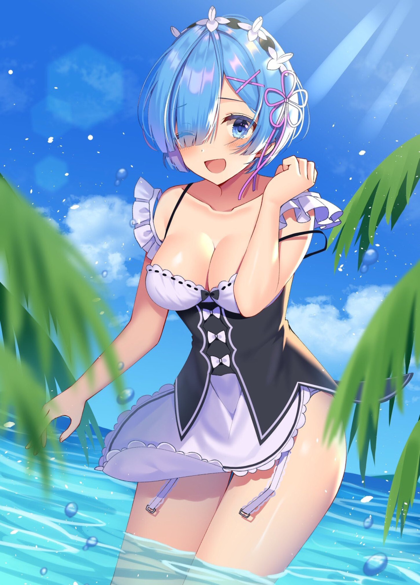 1girl ;d arm_at_side bangs bare_shoulders black_bow black_ribbon blue_eyes blue_hair blue_sky blush bow breasts collarbone commentary_request day eyebrows_visible_through_hair eyes_visible_through_hair frilled_sleeves frills garter_straps hair_ornament hair_over_one_eye hand_up highres izumo_neru leaf looking_at_viewer maid maid_headdress ocean one_eye_closed open_mouth outdoors palm_tree pink_ribbon plant purple_ribbon re:zero_kara_hajimeru_isekai_seikatsu rem_(re:zero) ribbon ribbon-trimmed_clothes ribbon_trim shiny shiny_skin sky smile standing tree underbust wading water water_drop x_hair_ornament