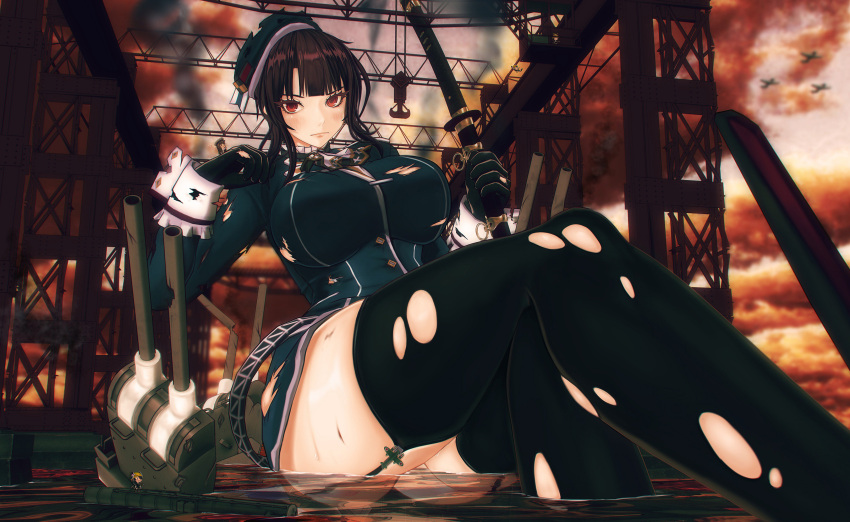 1girl 3d absurdres aircraft airplane bangs beret black_gloves black_hair black_legwear blush breasts closed_mouth commentary_request custom_maid_3d_2 dock fairy_(kantai_collection) ffkw garter_straps gloves hat highres holding holding_weapon kantai_collection katana large_breasts lips outdoors red_eyes rigging shirt short_hair sword takao_(kantai_collection) thigh-highs torn_clothes torn_hat torn_legwear torn_shirt uniform water weapon