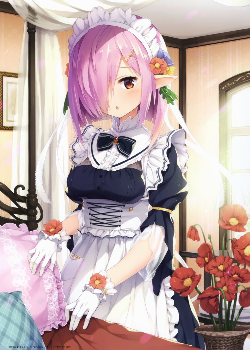 1girl absurdres bangs bed_sheet blush breasts brown_eyes buttons copyright_name dress eyebrows_visible_through_hair flower frills gloves hair_flower hair_ornament hair_over_one_eye highres indoors light_rays looking_at_viewer maid maid_dress maid_headdress medium_breasts open_mouth pillow pointy_ears puffy_short_sleeves puffy_sleeves purple_hair scan senji_(tegone_spike) shiny shiny_hair shiny_skin short_hair short_sleeves solo white_gloves wide_sleeves window z/x