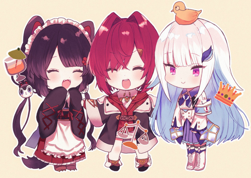 3girls ange_katrina animal_ears armband bangs bird black_coat black_hair blue_hair blunt_bangs blush boots brown_footwear chibi closed_eyes closed_mouth commentary cross-laced_footwear crown cup dog_ears dog_girl dog_hair_ornament drinking_glass fangs frilled_sleeves frills hair_intakes highres inui_toko jacket japanese_clothes kimono lace-up_boots lize_helesta long_hair long_sleeves monocle multiple_girls nijisanji on_head red_jacket redhead round_teeth safety_pin shirt short_hair sidelocks simple_background smile teeth thighs very_long_hair violet_eyes virtual_youtuber wa_maid white_footwear white_hair white_shirt wide_sleeves y_o_u_k_a yellow_background