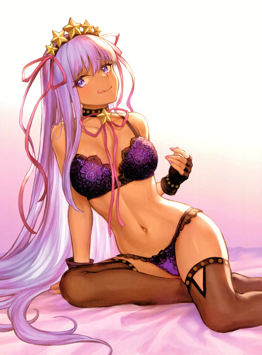 1girl absurdres arm_support bangs bare_shoulders bb_(fate)_(all) bb_(swimsuit_mooncancer)_(fate) bed bed_sheet black_gloves black_legwear bow bow_panties bra breasts collarbone earrings eyebrows_visible_through_hair fate/grand_order fate_(series) fingerless_gloves fingernails floral_print gloves gold_trim gradient gradient_background hair_ornament hairband head_tilt highleg highleg_panties highres jewelry large_breasts licking_lips long_hair looking_at_viewer mashu_003 nail_polish navel on_bed panties purple_bra purple_hair purple_nails purple_panties purple_ribbon ribbon rose_print scan signature sitting smile solo star star_earrings star_hair_ornament stomach tan thigh-highs thighs tongue tongue_out underwear underwear_only very_long_hair violet_eyes