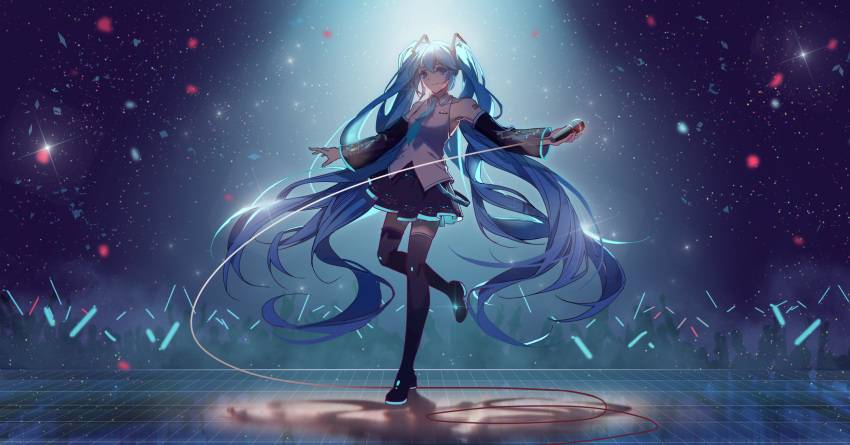 1girl backlighting black_skirt blue_eyes blue_hair blue_neckwear blurry bokeh confetti crowd depth_of_field detached_sleeves floating_hair glowstick hatsune_miku highres holding holding_microphone hq_(876704940) long_hair looking_to_the_side microphone necktie outstretched_arms pleated_skirt shadow shirt skirt sleeveless sleeveless_shirt smile solo sparkle spotlight stage stage_lights standing standing_on_one_leg thigh-highs twintails very_long_hair vocaloid white_shirt wide_shot zettai_ryouiki
