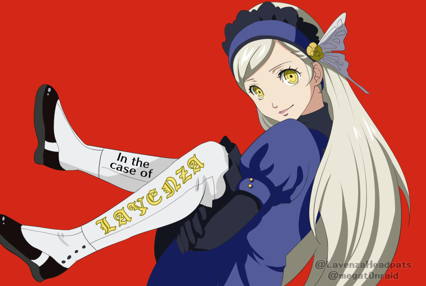 1girl absurdres black_footwear hairband highres lavenza layered_clothing long_hair looking_at_viewer megat0nraid parody persona persona_5 persona_5_the_animation puffy_short_sleeves puffy_sleeves red_background short_sleeves simple_background smile spats_(footwear) spoilers twitter_username yellow_eyes