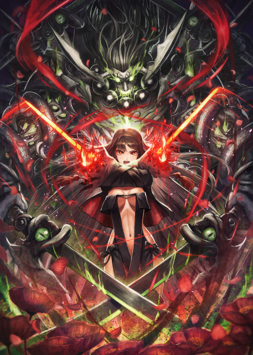 1boy 1girl bead_necklace beads breasts brown_hair capelet commentary_request consort_yu_(fate) dual_wielding extra_arms fangs fate/grand_order fate_(series) flaming_sword flower glowing glowing_eyes glowing_mouth green_eyes highres holding jewelry kuroi_susumu navel necklace object_namesake poppy_(flower) red_eyes xiang_yu_(fate/grand_order)