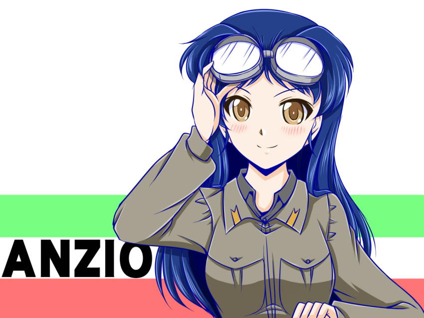 1girl anzio_military_uniform blue_hair blush brown_eyes character_request commentary_request girls_und_panzer goggles goggles_on_head italian_flag long_hair removing_goggles rusher smile solo white_background